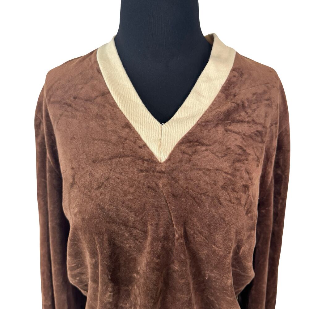 Vintage 70s Brown Velour Pullover Top V-Neck Cream Trim Dadcore Retro Sporty M L
